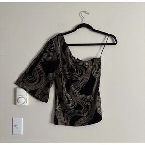 Vintage Cache Top Medium Black Gold‎ Embellished 90s Y2K One Shoulder Goth